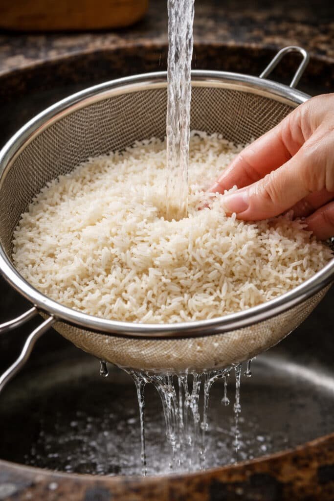 Rinse the rice: Place the rice in a fine sieve and rinse thoroughly under cold running water