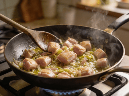 Add the chicken thighs and cook until sealed and lightly coloured.