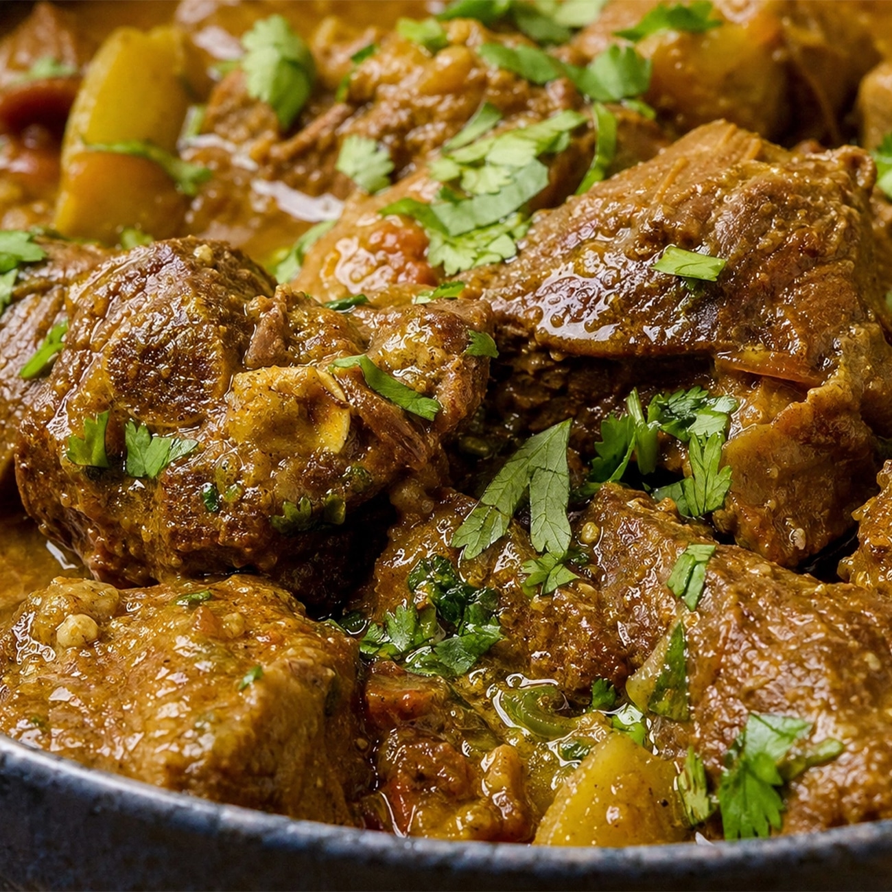 Ainsley Harriott Curry Goat, rich Jamaican stew with tender goat meat, golden curry sauce, and fresh coriander.