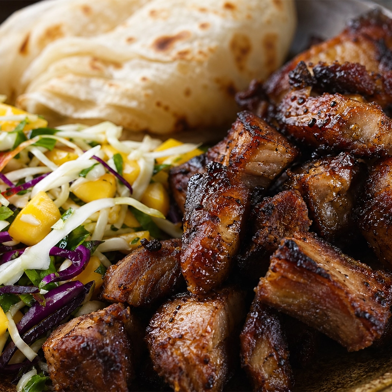 Ainsley Harriott Jerk Pork Belly with Roti and Mango & Coconut Slaw served in a rustic bowl