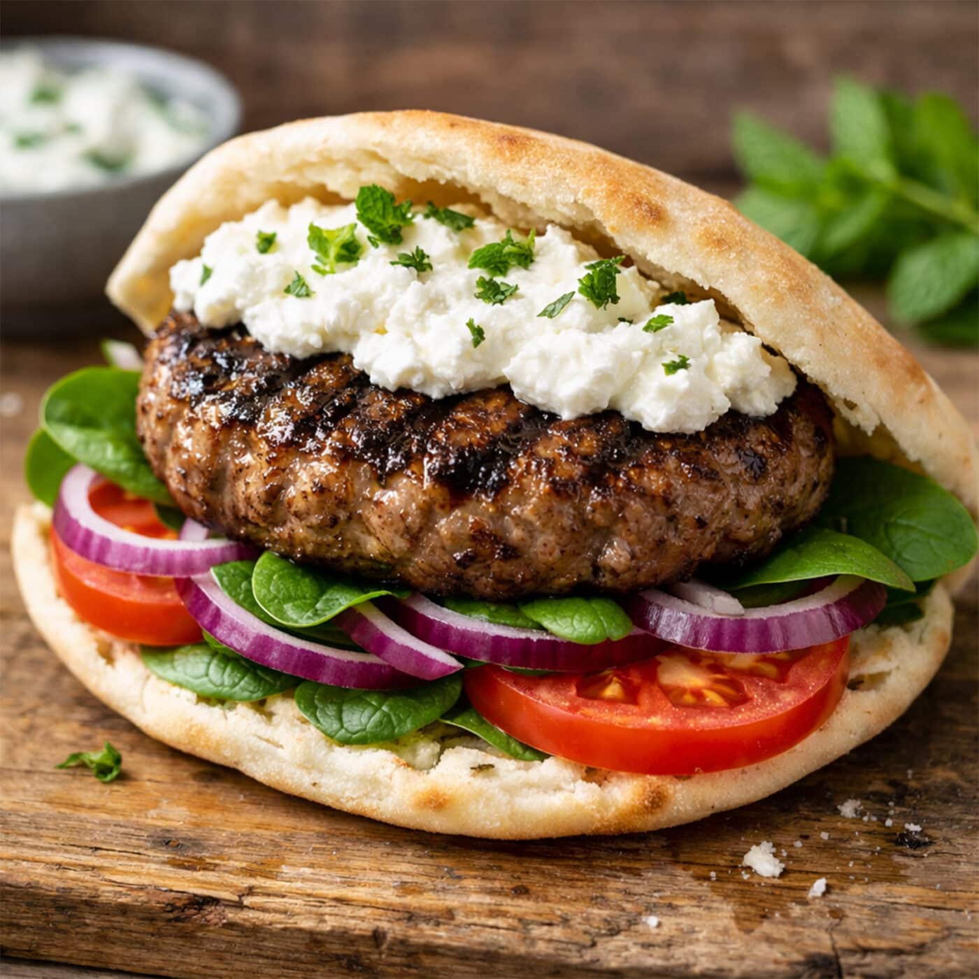 Ainsley Harriott Lamb Burger Recipe with Whipped Feta & Mint