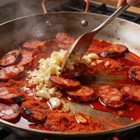 Stir in the garlic and chorizo and cook for a few minutes until the chorizo releases its red