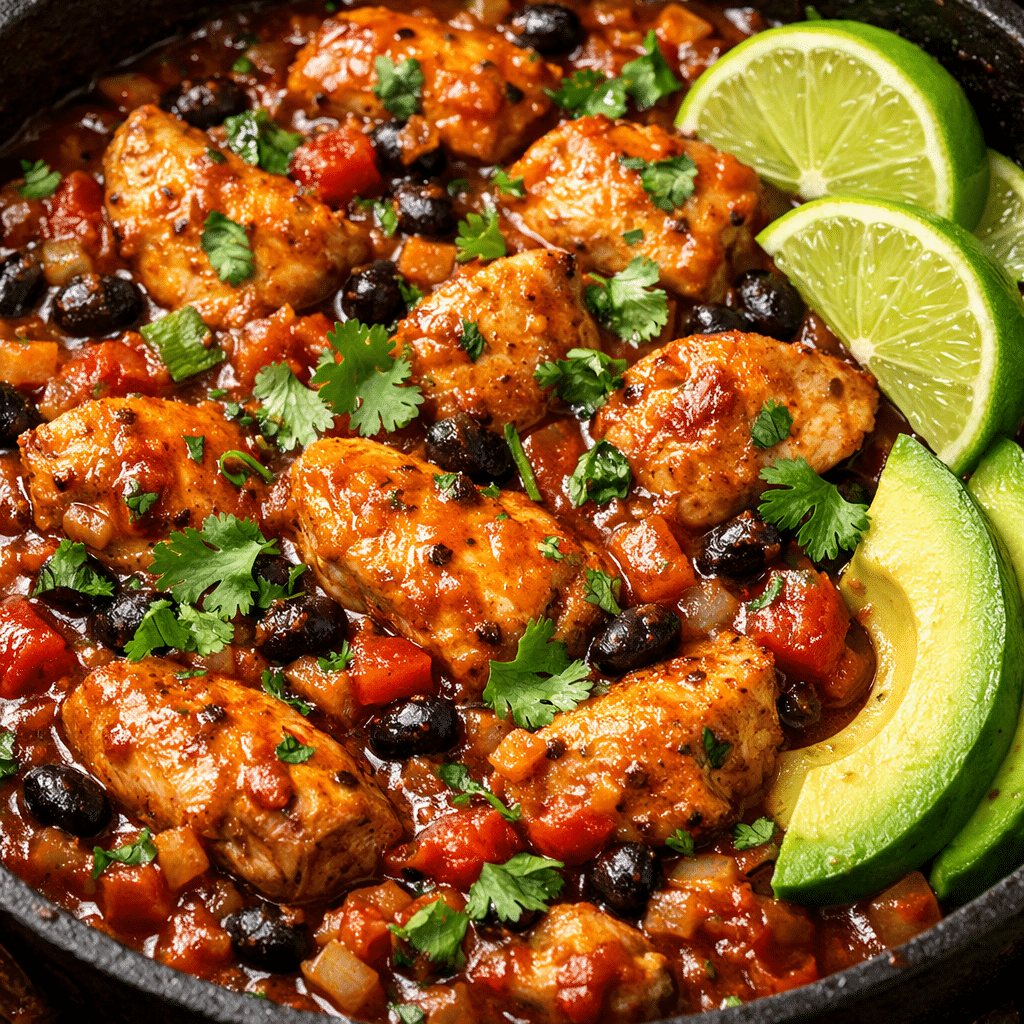 Ainsley Harriott Acapulco Chicken with black beans and spicy tomato sauce in a rustic skillet