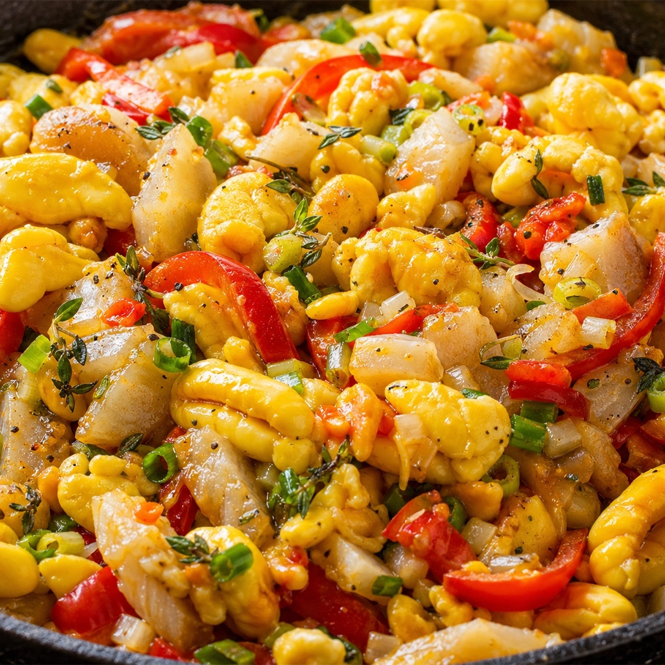 Authentic Ainsley Harriott Ackee and Saltfish in a rustic skillet with peppers and onions