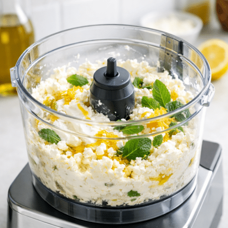 Put the feta, yogurt, and olive oil into a food processor and blend until light and fluffy. Add the lemon zest and mint and pulse until combined.