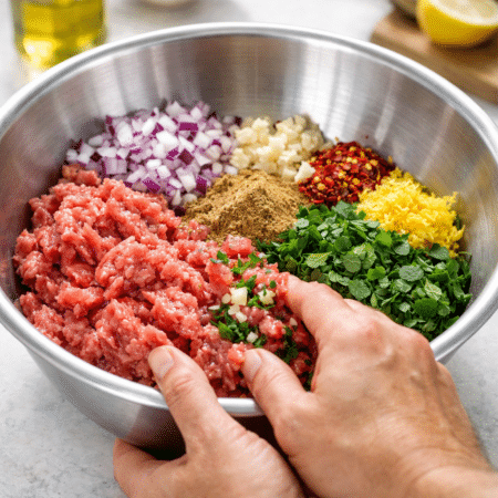In a large bowl, mix the minced lamb, garlic, onion, cumin, chili flakes, herbs, lemon zest, salt, and pepper using your hands