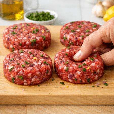 Divide the mixture into 4 patties (1 inch thick). Press a thumb-shaped indent into the center of each to ensure even cooking.