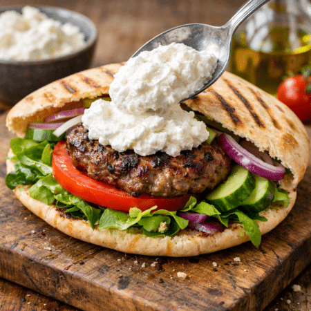 Warm the pitta on the grill, slice open, and layer with salad, tomato, the grilled patty, onion, cucumber, and a generous spoon of whipped feta.