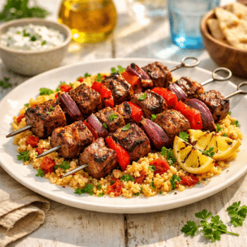 Ainsley Harriott Smoked Spiced Lamb Kebabs with Sundried Tomato & Garlic Couscous
