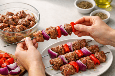 Thread the marinated lamb onto metal