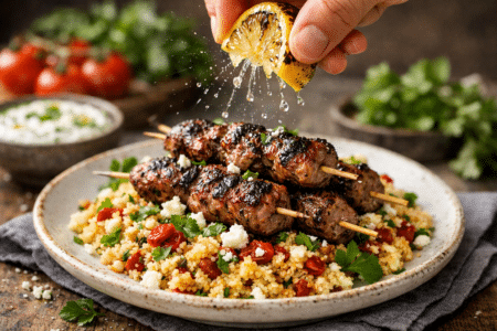 Divide the prepared couscous between two plates. Arrange the hot la