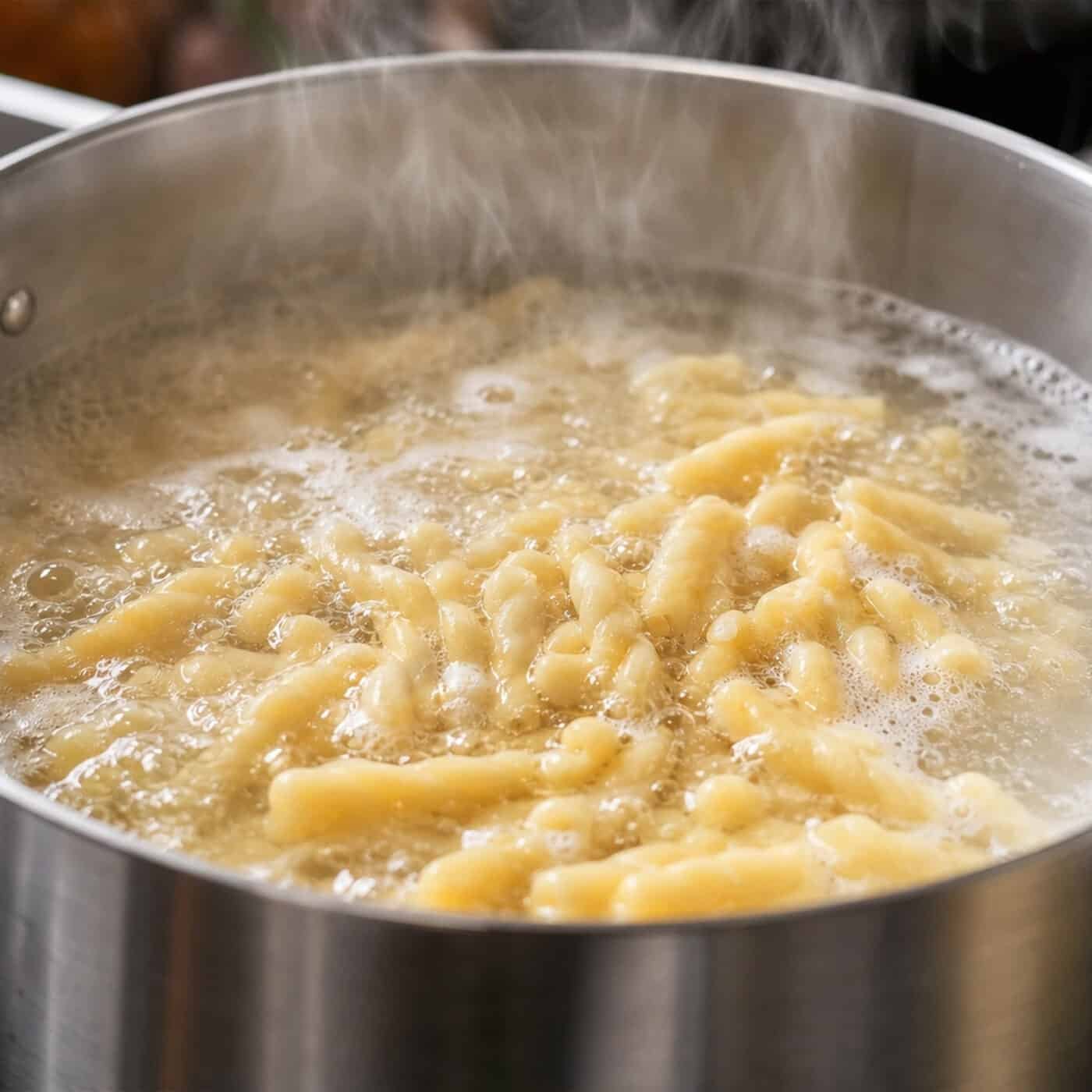 Cook the pasta in a large pan of generously salted water until al dente — just short of fully cooked through, as it will finish in the pan with the Trapanese pesto