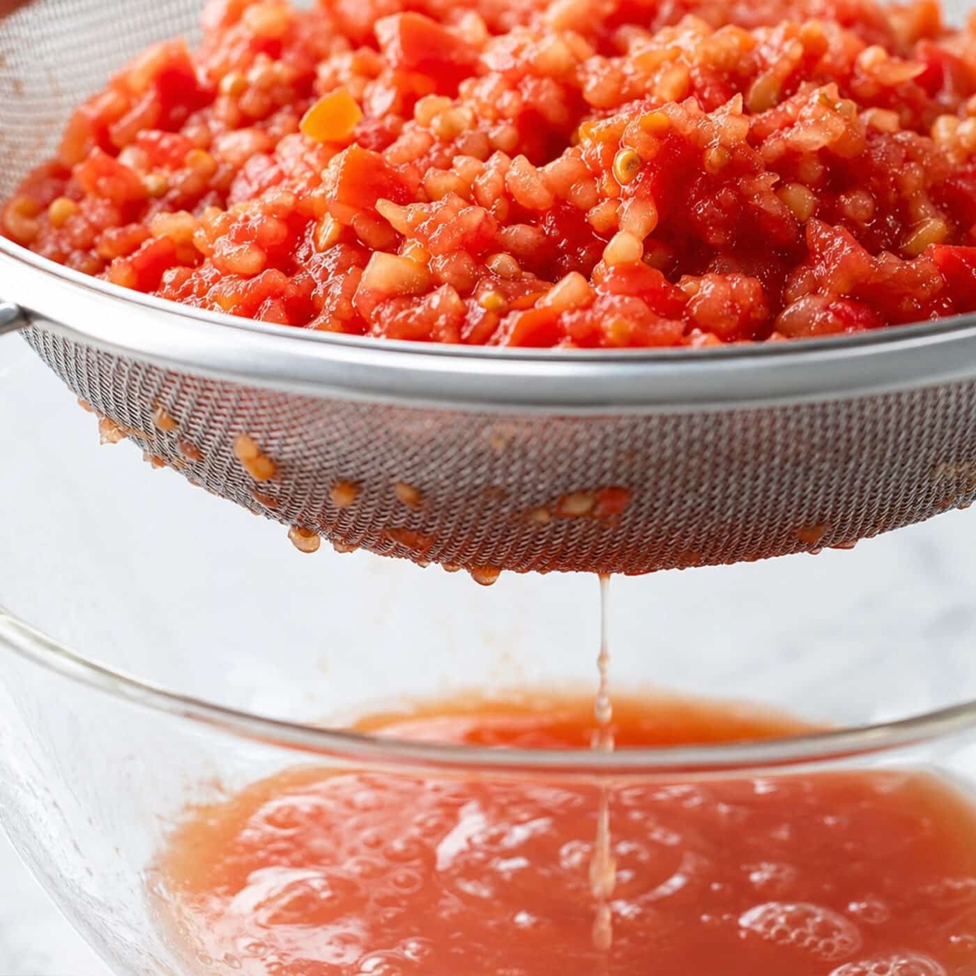 Pulse the tomatoes a couple of times in a food processor — enough to break them up but not purée them. Next, tip the mixture into a sieve set over a bowl and leave to drain away the excess liquid