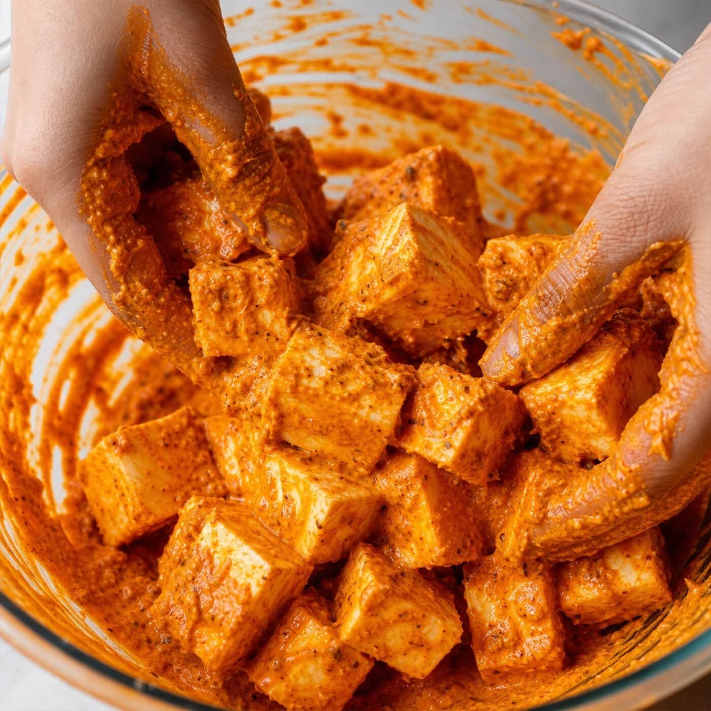 In a large bowl, mix the olive oil, tandoori paste, grated ginger, turmeric, and a good pinch of salt. Add the Greek yoghurt and stir until completely combined