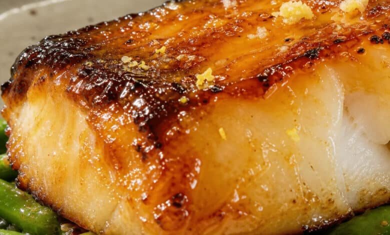 Miso, Ginger & Yuzu Glazed Cod with Sesame Green Beans & Sticky Rice