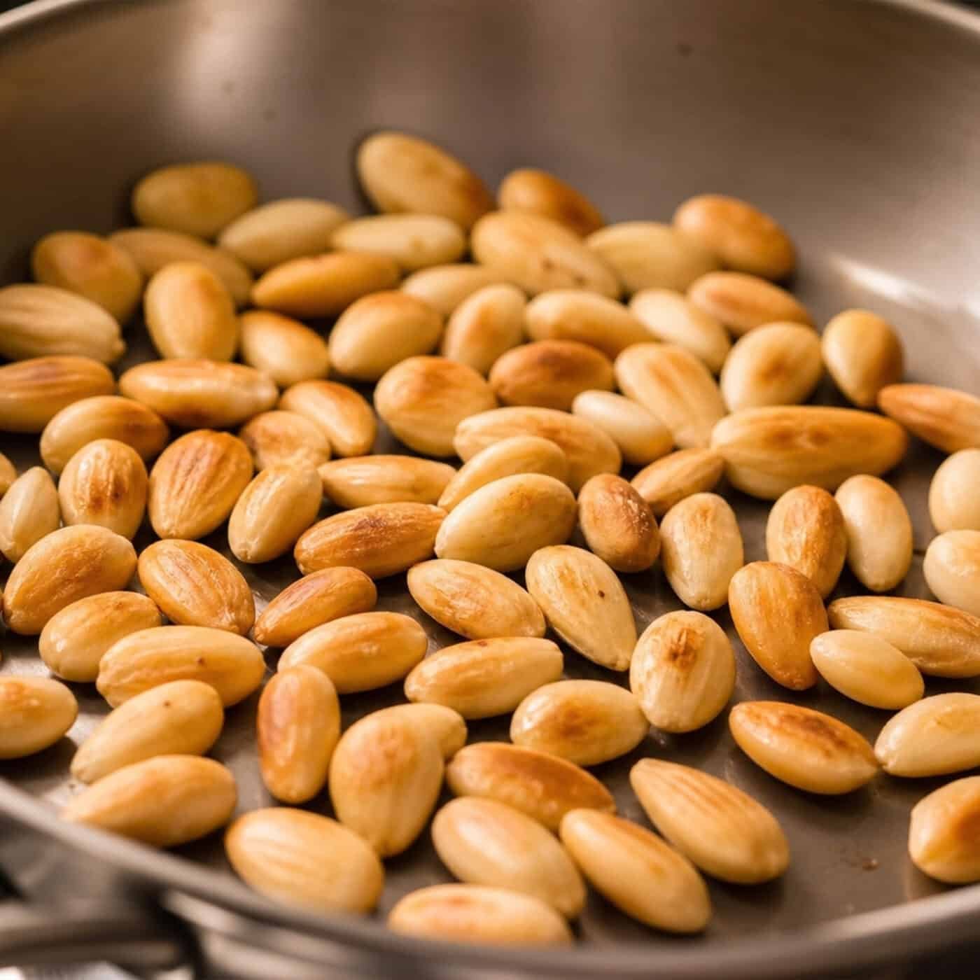 Toast the Almonds Toast the blanched almonds in a dry frying pan over a medium heat until lightly golden. Keep your eye on them — almonds go from perfectly toasted to bitter and burnt faster than almost anything else in a kitchen
