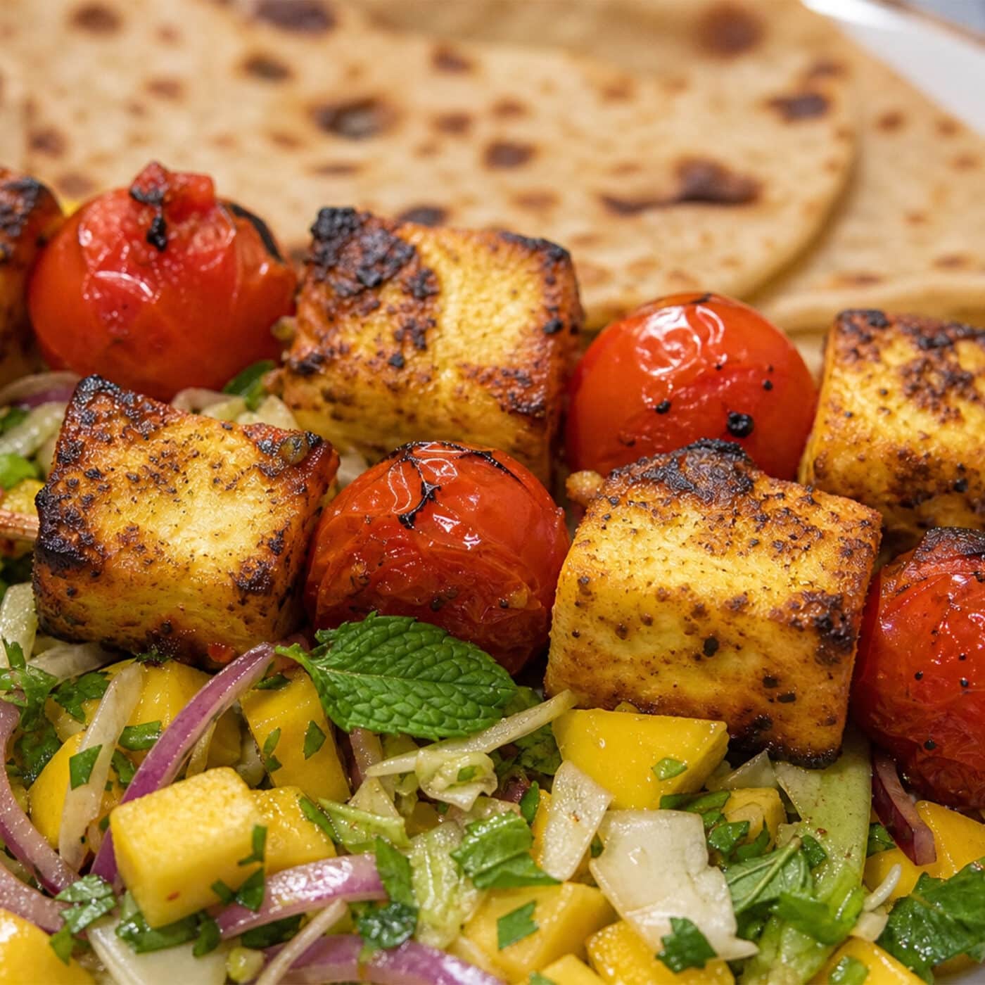 Ainsley Harriott Spiced Paneer Skewers with Mango Salad and Roti Recipe