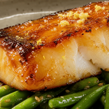 Miso, Ginger & Yuzu Glazed Cod with Sesame Green Beans & Sticky Rice