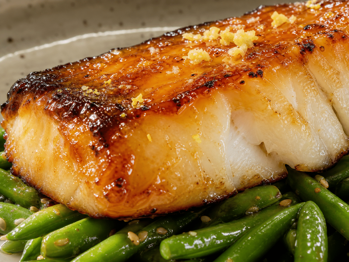 Miso, Ginger & Yuzu Glazed Cod with Sesame Green Beans & Sticky Rice