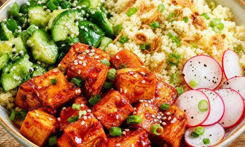 Gochujang Tofu Smashed Cucumber Bowl final dish