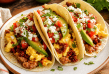 Breakfast Tacos with Fresh Tomato Salsa and Creamy Refried Beans