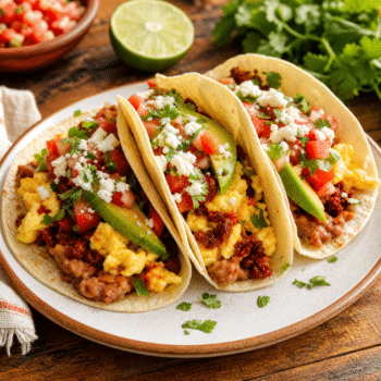 Breakfast Tacos with Fresh Tomato Salsa and Creamy Refried Beans