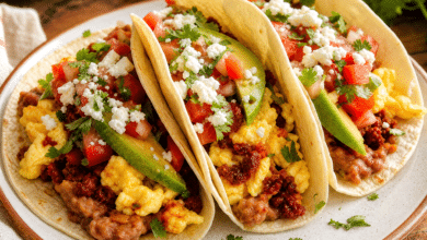 Breakfast Tacos with Fresh Tomato Salsa and Creamy Refried Beans