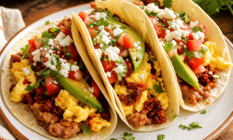 Breakfast Tacos with Fresh Tomato Salsa and Creamy Refried Beans