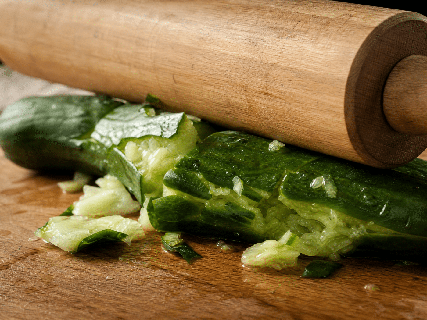 Smashing cucumber with rolling pin for salad