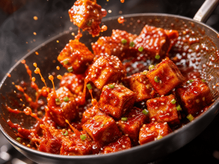 Heat the oil in a frying pan over a medium-high heat and add the tofu in a single layer